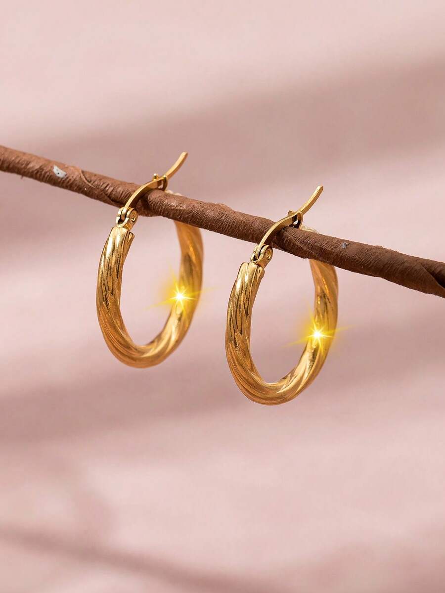 1 Pair Fashionable Minimalist Elegant Lady Style Stainless Steel Gold Twist Hoop Earrings - Gold - View 1