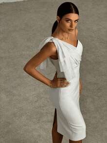 Lace Up  One Shoulder Bow Bodycon Midi Graduation Birthday Dinner Dress - White - View 3