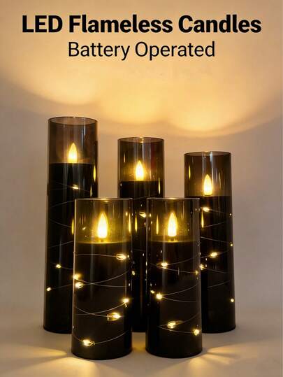 5/4/2pcs Set Remote Control Electronic Candles, Embedded Star String Lights With Remote And Timer Function, Realistic Flame, Smokeless Flameless, Suitable For Tabletop Centerpiece Decor, Christmas, Halloween, Valentine's Day, Birthday, Proposal, Wedding, Dining Table, Bathroom, Party, Holiday Atmosphere Lights