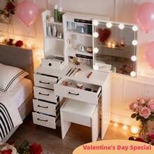 Valentine's Surprise For Her | Premium Solid Wood Makeup Vanity, 3-Speed Soft LED Mirror, Space-Saving Storage, Easy Assembly, Perfect Gift To Decorate Her Exclusive Beauty Corner - White - View 5