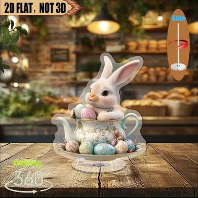2D Flat, 1pc Rotating Acrylic Display - Easter Bunny With Teapot Fantasy Anime Style Eggs, 360° Rotating Seasonal Celebration Desktop Decor (No Electricity Required), Rabbit Figurine, Floral Pattern Teapot, Fine Craftsmanship, Holiday Decoration, Lightweight Material, Holiday Shoppers, 2D Flat
