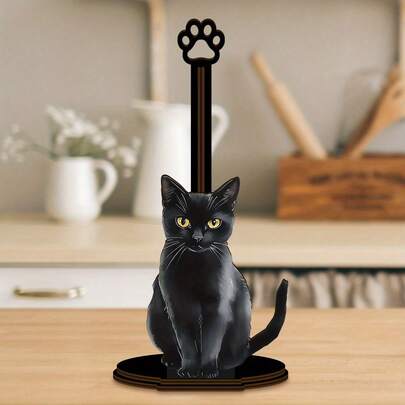 Black Cat Shaped Kitchen Paper Towel Holder, Wooden Kitchen Paper Towel Rack, Single-Layer Cloth Rack, Vertical Kitchen Paper Towel Holder, Countertop Paper Towel Storage Rack, Tabletop Paper Towel Dispenser, Paper Towel And Cling Wrap Organizer