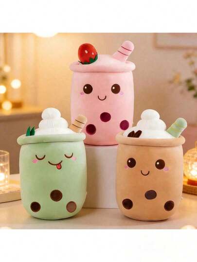 可爱卡通珍珠奶茶毛绒玩偶 - 珍珠奶茶造型抱枕，卡通笑脸设计，柔软舒适，适合儿童，是情人节、复活节、万圣节、圣诞节、茶会装饰的完美礼物。