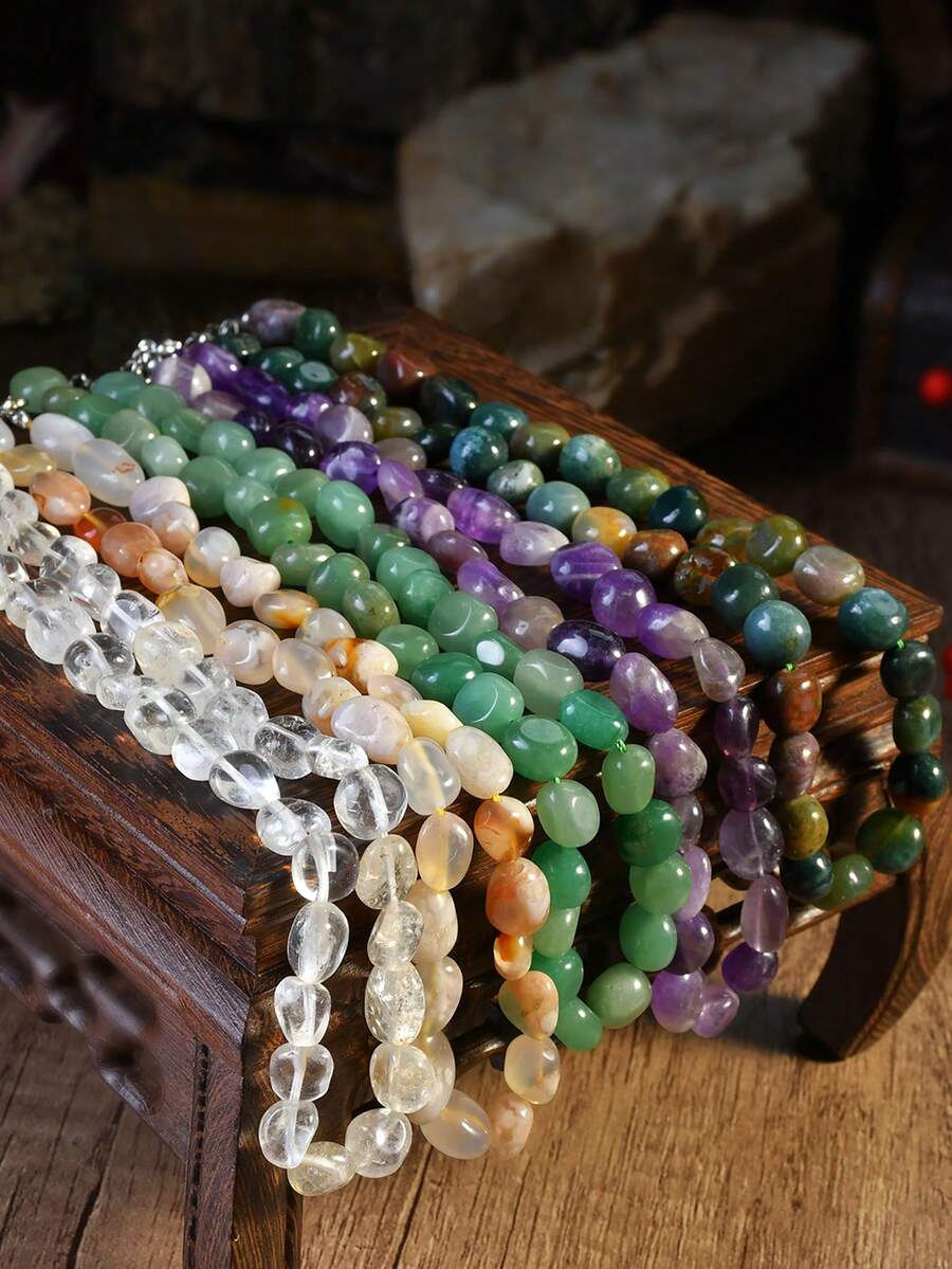 不对称天然石项链，复古夸张自然主义风格颈链，随机串珠项链，镶嵌樱花玛瑙、紫水晶和绿东陵石，女士礼物