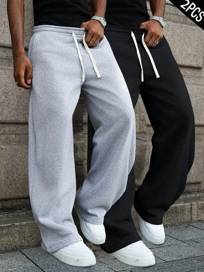 2 piezas Pantalones deportivos casuales para hombres, pantalones jogger con cintura elástica cómoda para uso diario, con bolsillos laterales, pantalones de chándal con cordón para entrenamiento y correr