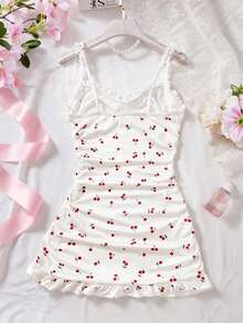 Ropa de dormir blanca para mujer, camisón ajustado con estampado de flores de cerezo y volantes, camisón lindo, con volantes en el bajo, camisón de tirantes finos con volantes, babydoll, vestido de tirantes finos, vestido de lencería sexy, lencería sexy, lencería nupcial - Blanco - Ver 5