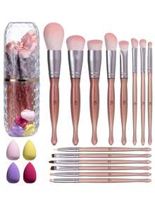 BS-MALL 14pcs Pink Makeup Brush Set + 4pcs Mini Makeup Sponges + Plastic Holder, High Quality Synthetic Bristles Cloud-Like Soft Texture Precise Makeup Tools Set - Pink - View 8