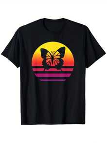 Men's Vintage Butterfly Graphic T-Shirt - 70s R Sunset Color Block Design with White Butterfly Print, 180g Heavyweight 100% Cotton, Loose Fit Casual Round Neck Tee for Men (S-XXXL) - Negro 4 - Ver 1