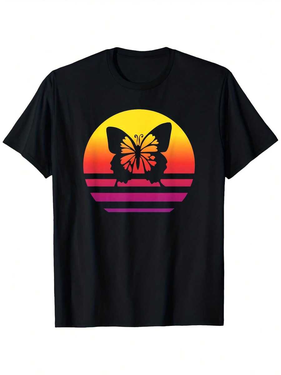 Men's Vintage Butterfly Graphic T-Shirt - 70s R Sunset Color Block Design with White Butterfly Print, 180g Heavyweight 100% Cotton, Loose Fit Casual Round Neck Tee for Men (S-XXXL) - Negro 4 - Ver 1