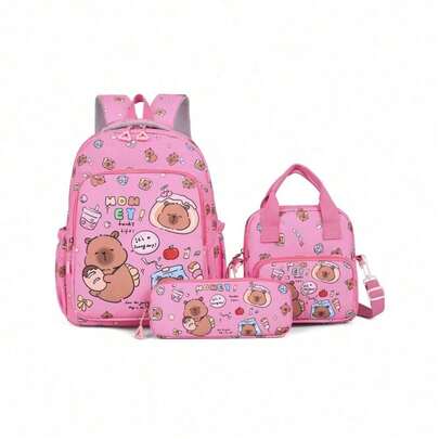 3pcs Cartoon Capybara Cute Large Capacity Travel Backpack Set, Suitable For School, Graduation And Various Occasions