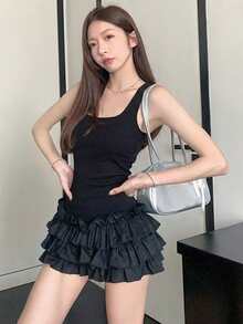 Black Spaghetti Strap Bodycon Cake Dress For Women, Waist Cinched, Flared Skirt, Spring/Summer - Black - View 2