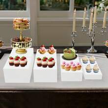 8 Piece White Acrylic Display Stand Set, 4 Sizes Rectangular Dessert Display Riser, No Assembly Hollow Base Countertop Stand, Reusable For Bakery Wedding Party Home Collectible Cosmetic Display - White - View 3