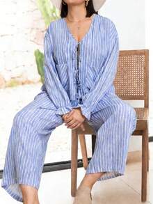 Plus Size Long Sleeve Drawstring Waist Front Tie Wide Leg Casual Pants Set, Suitable For Vacation, Spring/Summer Wear Elegant - Blue - View 3