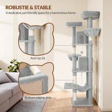 HEXCELEN Cat Tree For Large Cats, 216cm Cat Tower, Multi-Level Cats Climbing Tower With Scratching Posts, 2 Comfy Condos, 2 Perches, 2 Baskets, Hammock, For Indoor Use - Light Grey - View 7