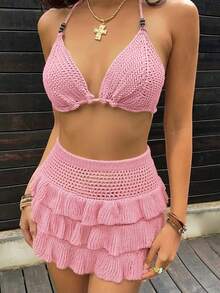 2026 Spring/Summer New Women's Casual Fashion Set, Hollow Deep V-Neck Halter Knit Top And Waist Tie Multi-Layer Ruffle Knit Skirt, Y2K Cute Pink Beach Holiday 2-Piece Outfit, Suitable For Beach Dates, Beach Parties, Music Festivals, Casual Travel - Pink - View 6