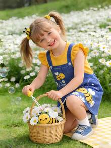 女童无袖连衣裙，春夏无袖连衣裙，卡通蜜蜂印花，柔软面料，亲肤材质，休闲风格，日常穿着，适合4-7岁女孩，女童蜜蜂印花无袖连衣裙 - 黃色 - 查看 3