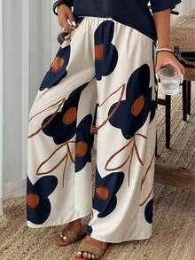 Plus Size Elegant Wide Leg Pants, Made Of Non-Stretch Woven Fabric With Floral Pattern Vacation Spring - Apricot - View 3