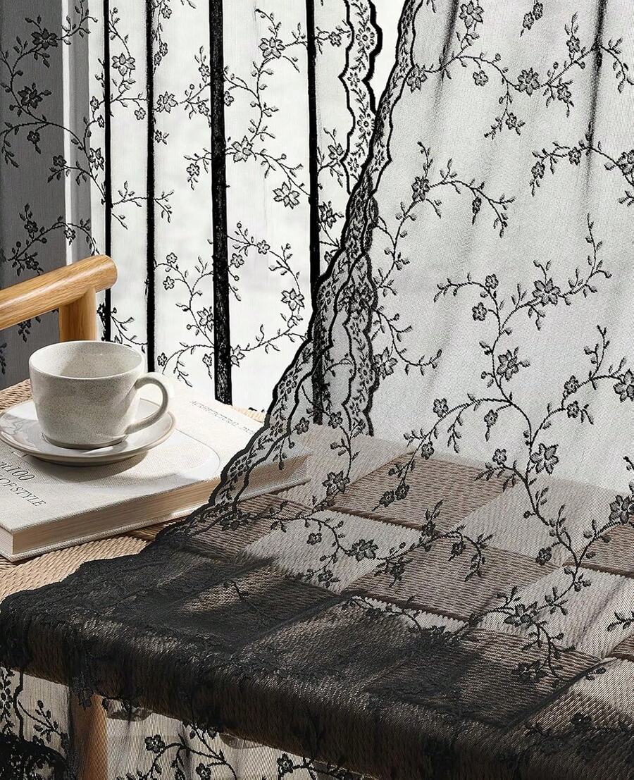 Elegant Black Lace Curtains, 84 Inch Long, Vintage Floral Sheer Panels, Light Filtering, Rod Pocket, 2 Pcs Set, Branch Pattern For Living Room & Bedroom - 黑色 - 查看 1