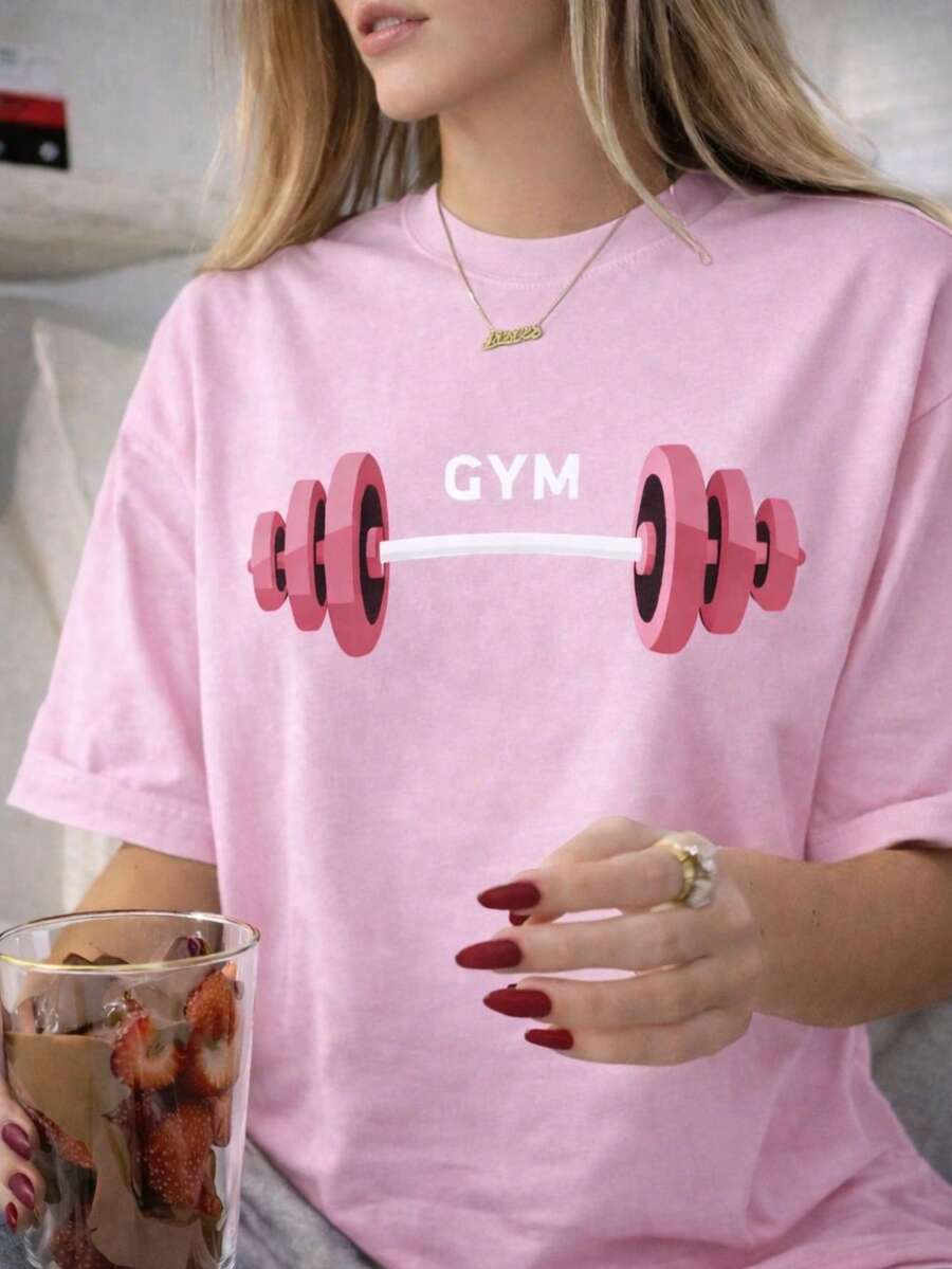 Women's Gym T-Shirt, 100% Cotton, Round Neck Shirt - 淺粉色 - 查看 1