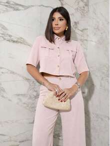 Women's Set: Dress Pants And Button-Down Shirt - Classic Casual Premium - Pink - View 3