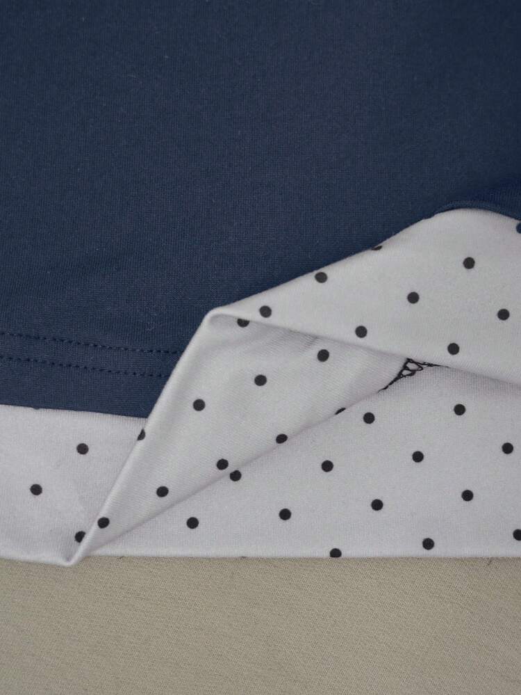 ملابس علوية كاجوال للنساء مزينة بطبعة نقاط الشيفون مع تصميم الفيونكة، أكمام طويلة، موضة الربيع - أزرق بحري - مشاهدة 5