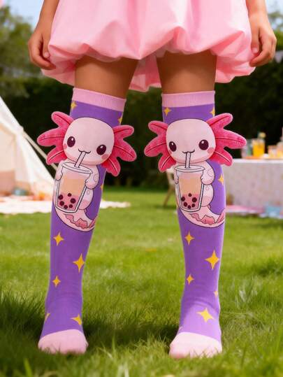 1 par de calcetines hasta la rodilla con orejas 3D de axolotl lindo bebiendo té con burbujas, calcetines sobre la rodilla con animales marinos axolotl, calcetines para fiestas escolares, cumpleaños, vacaciones, correr, deportes atléticos, de vuelta a la escuela para estudiantes adolescentes niñas, regalo del Día de San Valentín
