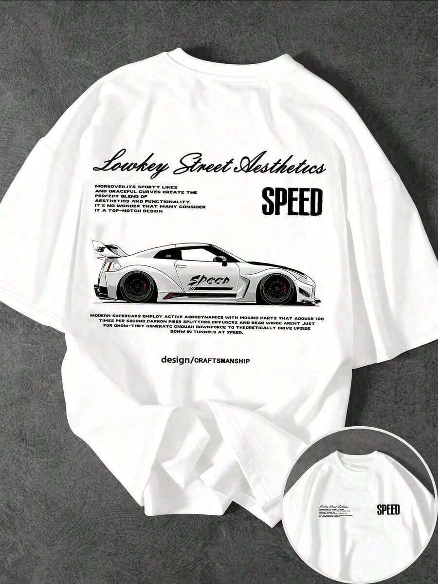 Men's Casual Short Sleeve Crew Neck T-Shirt With Racing Street Slogan Print - Biru - View 1
