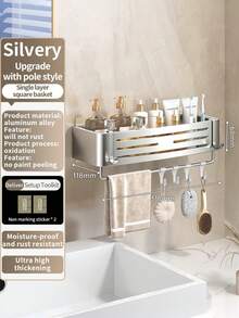 Estantes de baño de aluminio sin taladro para instalación, estante de champú, soporte de almacenamiento, organizador de cocina - 6.8Barra cuadrada de plata - Ver 12