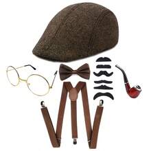 6pcs/Set 1920s Retro Men's 20s Costume Set, Including Suspenders, Hat, Bow Tie, Glasses Frame, Smoking Pipe Prop - Multicolor - View 1