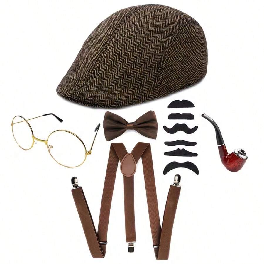 6pcs/Set 1920s Retro Men's 20s Costume Set, Including Suspenders, Hat, Bow Tie, Glasses Frame, Smoking Pipe Prop - Multicolor - View 1