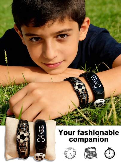 2pcs/Set Fashionable Football Pattern LED Digital Watch & Bracelet Set For Teens, Displays Date And Time, Suitable As Birthday Or Back To School Gift