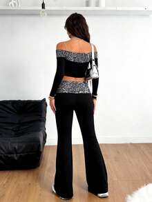 LOVE JOYY 女士豹纹时尚两件套：露肩长袖短款上衣和高腰喇叭裤，完美打造 Y2K 街头风 - 黑色 - 查看 3