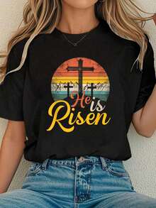 He Is Risen - Christian Easter Jesus T-Shirt Small - 100% Cotton T Shirts For Women, Summer Tops Clothes - Black - View 6