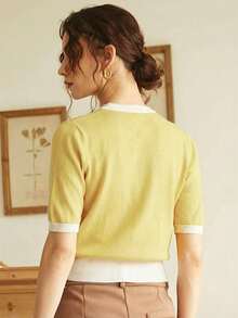 Elegante Damen Frühlings-/Sommer Mode Alltags Lässig Französischer Stil Gerippter Saum Kurzarm Farbblock Strick Pullover Top, Minimalistischer Retro Frühlings-/Sommer Stil, Frühlings-/Sommer Damenmode, Valentinstag Damenmode - Hellgelb - Übersicht 2