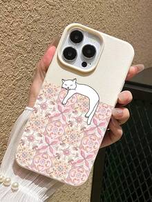 Patterned Cat Illustration Art Phone Case, Cream White Faux Leather Texture Hard Shell Material, High-Precision Hand-Drawn Style Printing Process, Delicate Leather Embossed Texture, Warm And Skin-Friendly Touch, Full Of Life And Healing Feeling; Lens Module Area Equipped With Thickened Silicone Protection Ring, Precisely Fitting Camera Protrusion, Providing Full Lens Protection; Outer Shell Edge With Soft Cushioning Wrap, Combining Anti-Drop Performance And Comfortable Grip; - Multicolor - View 3