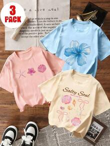 3-Piece Short-Sleeve T-Shirt Set With Seashell And Tropical Flower Print For Girls, 100% Cotton - Nhiều màu - Xem 1