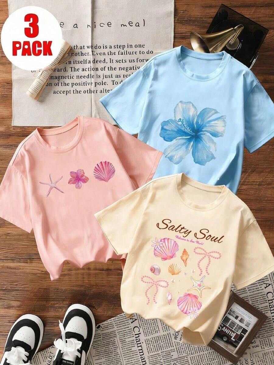3-Piece Short-Sleeve T-Shirt Set With Seashell And Tropical Flower Print For Girls, 100% Cotton - Nhiều màu - Xem 1