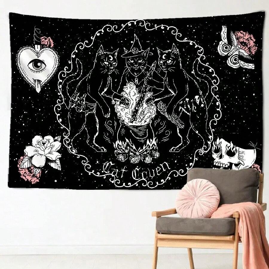 Cat Witchcraft Tapestry Wall Hanging  Mysterious Divination Baptism  Home  Black Decorative(4).Jpg - White - View 1