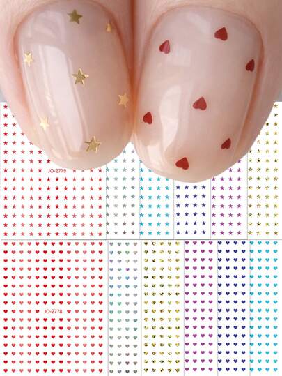 6/12张可爱彩色金属小星星和心形激光美甲贴纸，自粘式，闪亮表面，适合女性和女孩美甲师使用，也可用于个人美甲装饰、DIY情人节心形图案春夏美甲贴纸，美甲用品。