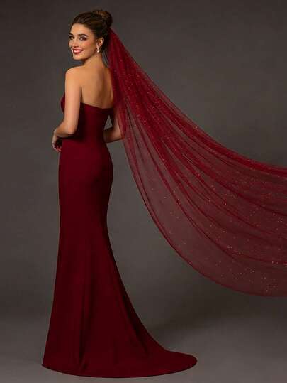 1pc European Style Burgundy Long Bridal Veil, Single Layer Nylon Mesh With Metal Comb, Floor-Length For Church, Bachelorette Party, Photography