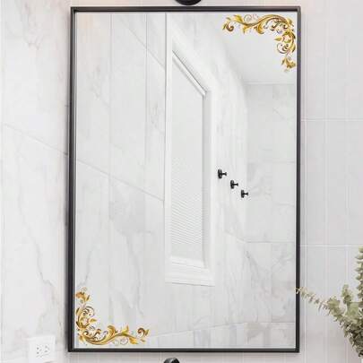 1片金色花卉图案镜面贴纸，自粘可移除，适用于高档浴室、梳妆台和玻璃门，复古魅力镜面贴纸，欧式优雅玻璃装饰贴纸，易撕易贴，打造和谐复古家居装饰