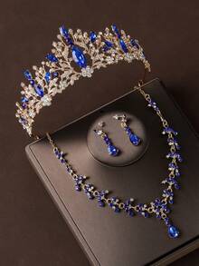 4件套新娘婚礼蓝色皇冠项链耳环优雅首饰套装，适合婚礼派对 - 藍色 - 查看 3
