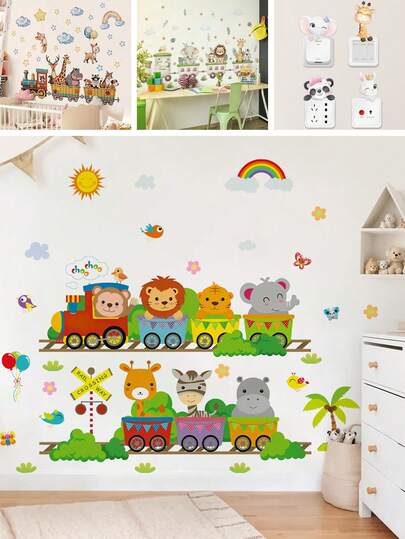 BRUP 1/2sheets/Set Cartoon Animal Train Wall Stickers, Self-Adhesive And Removable Kids Room Decorations, Suitable For Nursery, Bedroom, Living Room Wall Decals, PVC Animal Wall Art, Back-To-School Season Decorations