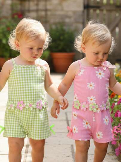 4件套女童休闲优雅可爱柔软舒适花卉刺绣格子吊带背心搭配百搭蝴蝶结装饰运动短裤套装，适合女童幼儿夏季日常穿着、度假、派对、户外活动