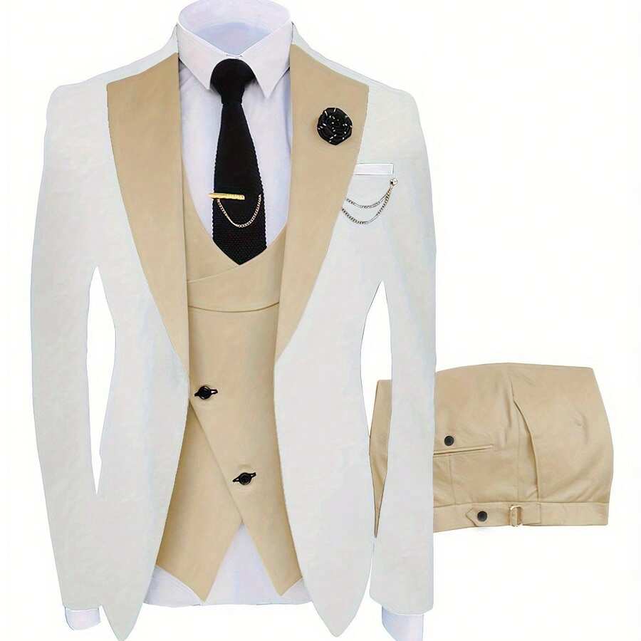 A Three-Piece Suit For Groomsmen, Featuring A Slim Fit Tuxedo Ideal For Wedding Dances, Includes A Stylish Jacket, Trousers, Vest, Tie, Tie Clip, Handkerchief, Two Cufflinks, A Boutonniere, And A Brooch For Formal Occasions - 淺金色 - 查看 1