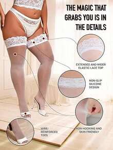 Plus Size Thigh High Stockings (XXL) - Black Lace Thigh High Stockings Sheer Thigh High Lingerie Stockings Pantyhose - 彩色 - 查看 6