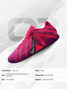 Nike Ja 3 Max Volume– Men's Lifestyle Sneakers – Shoes For Man -Vintage-Spring & Summer-Inspired Running Shoes, Shock-Absorbing Comfort, Gym To Streetwear Casual Wear-Mother's Day Gifts-Father's Day Gift–HF2794 600 - Hyper Pink/Bọt bạc hà/Đen/Viotech - Xem 6