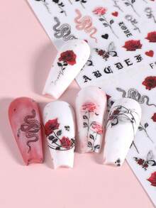 2pcs Valentine'S Day Nail Stickers With Butterfly Rose Flower Snake Red Lips Design DIY Nail Art Decorations Tips For Girls - 彩色 - 查看 3