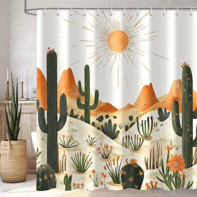 1件装彩绘沙漠图案浴帘，沙漠仙人掌印花浴帘，适用于各种房间装饰、浴室隔断、浴帘、浴缸帘