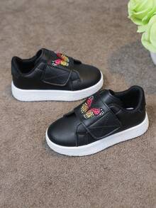 1 Pair Girls Boys Versatile Hook And Loop Comfortable Breathable White Sneakers With Colorful Powder Decoration Patchwork Fashion Flat Shoes Campus Student Casual Style Baby Shoes Running Sports Shoes - Black - View 1